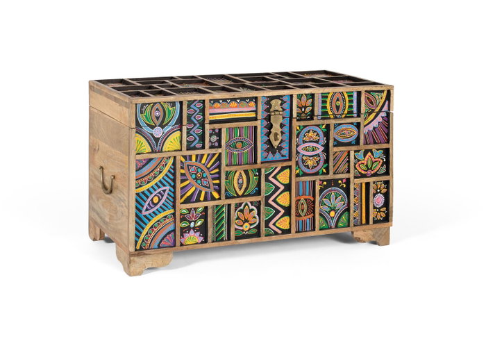 GINER Y COLOMER Baül de Rangement en Bois de Mango Peint à la Main Multicolore - Coffre de Salon avec Intérieur Spacieux